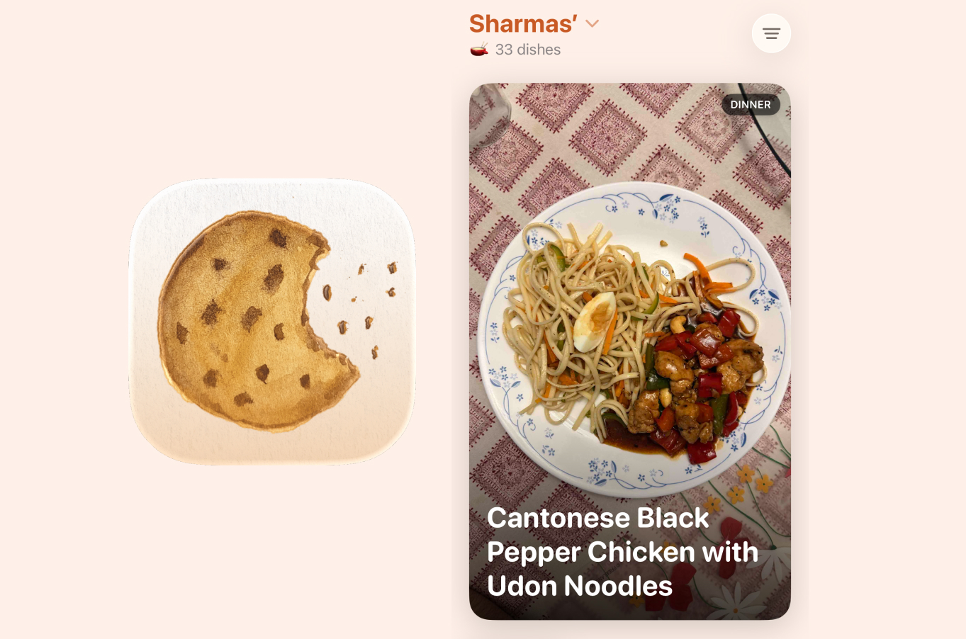 Screenshot of a food app design next to its custom icon—a watercolour cookie with a bite taken out of it. The app interface displays a dinner recommendation card for Cantonese Black Pepper Chicken with Udon Noodles.